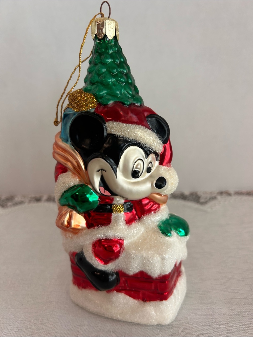 Vintage 1997 Disney Mickey Mouse Large 7" Glass Blown Ornament Chimney Santa